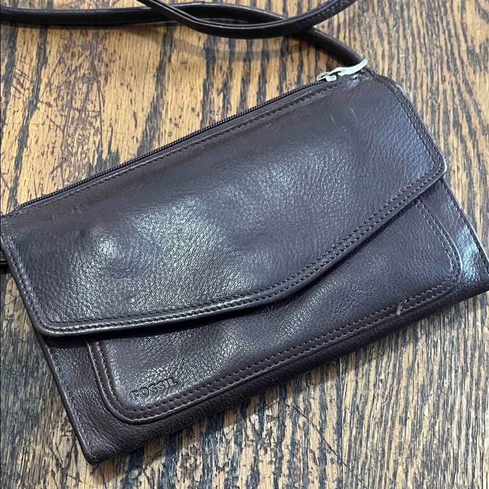 Fossil Dark Brown Leather Crossbody Bag built in wallet